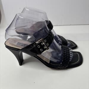 VTG Prevata 90s Y2K Black Braided Leather Heeled Sandals Buckle Woven Italy 8.5B